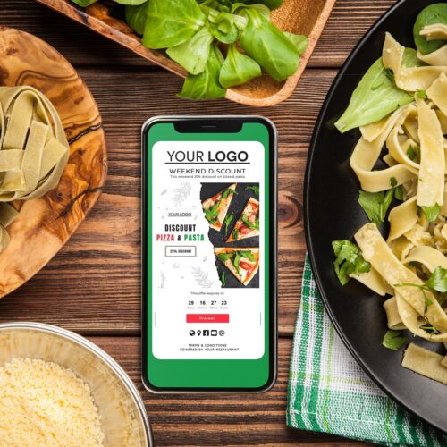 Cooked tagliatelle pasta ingredients and a smartphone
